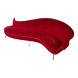 Large 1950s vintage curved sofa in red velvet italian design
