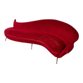 Large 1950s vintage curved sofa in red velvet italian design