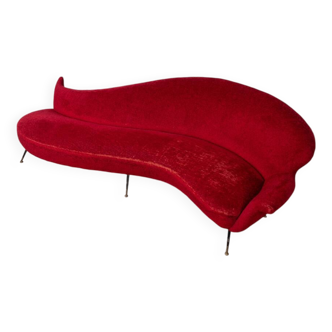 Large 1950s vintage curved sofa in red velvet italian design
