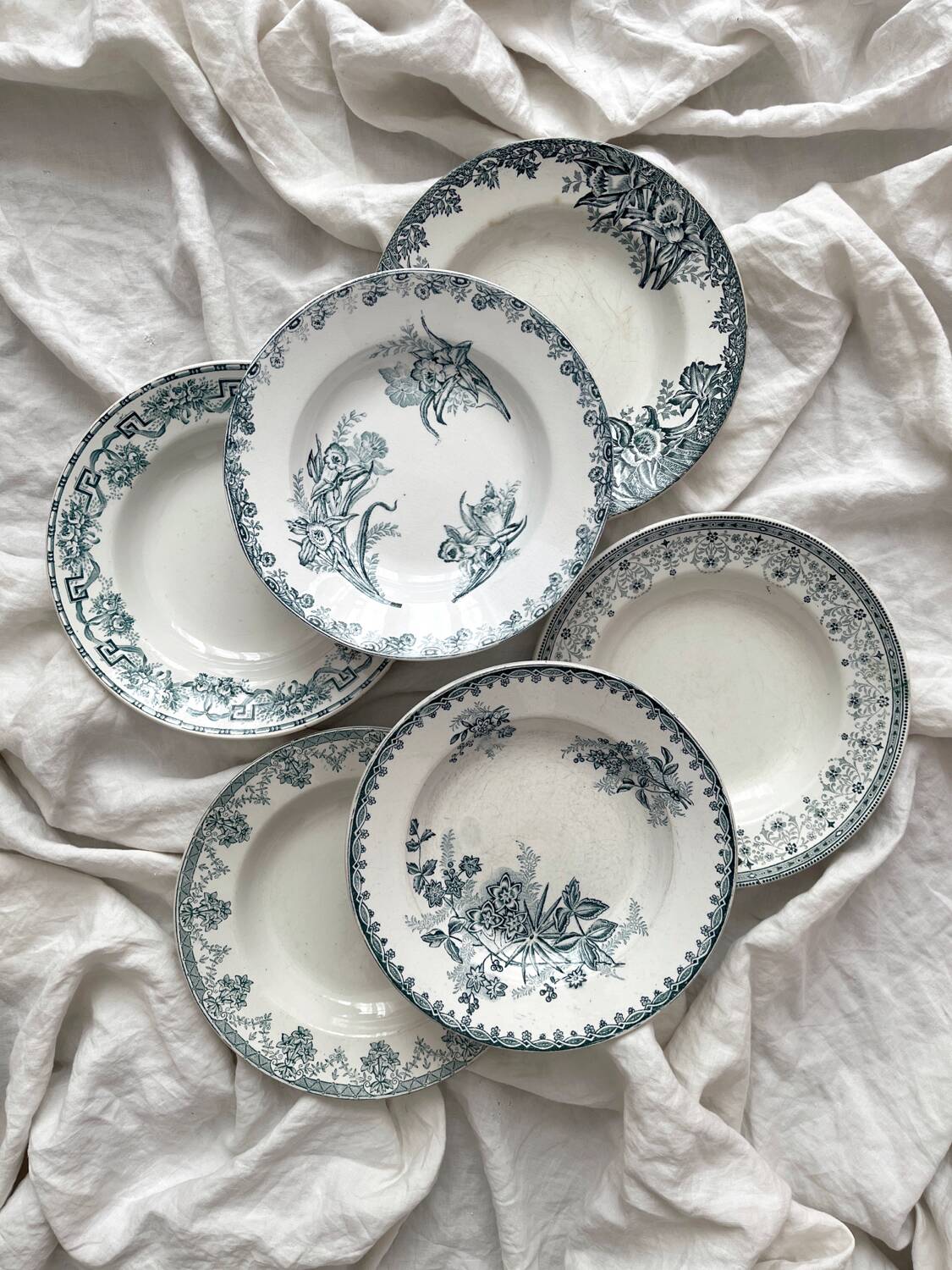 6 mismatched Saint Amand ironstone soup plates