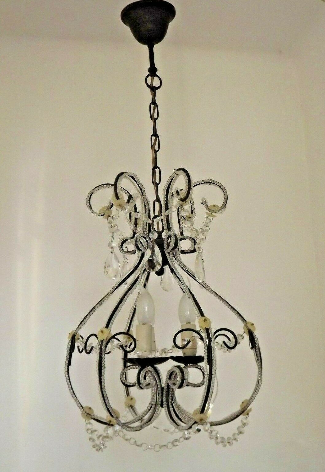 French Parisian Chic Black 3 Light Crystal Beaded 6 Sided Cage Chandelier 3620