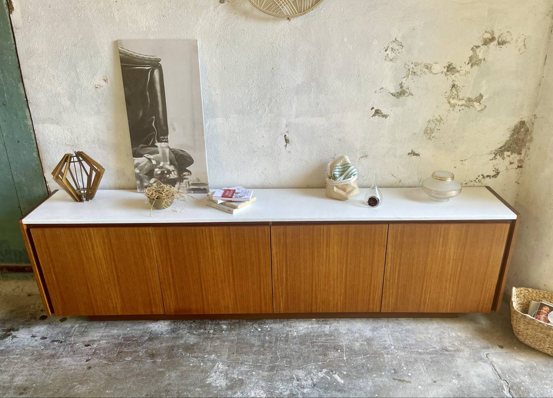 Large vintage sideboard 248 cm – wood & white mineral concrete top –