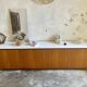 Large vintage sideboard 248 cm – wood & white mineral concrete top –