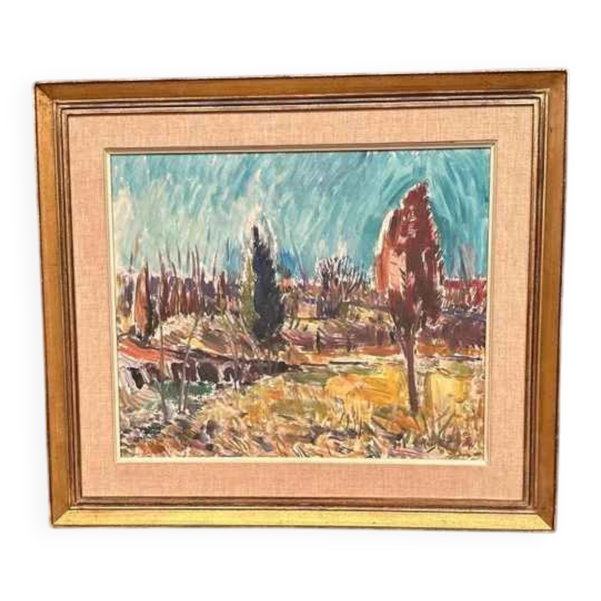 Huile su panneau suédoise – “Landskap” par A. Roos – Signée – Vintage