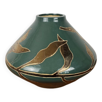 Vase vintage en céramique émaillé vert & or