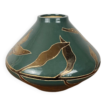 Vase vintage en céramique émaillé vert & or
