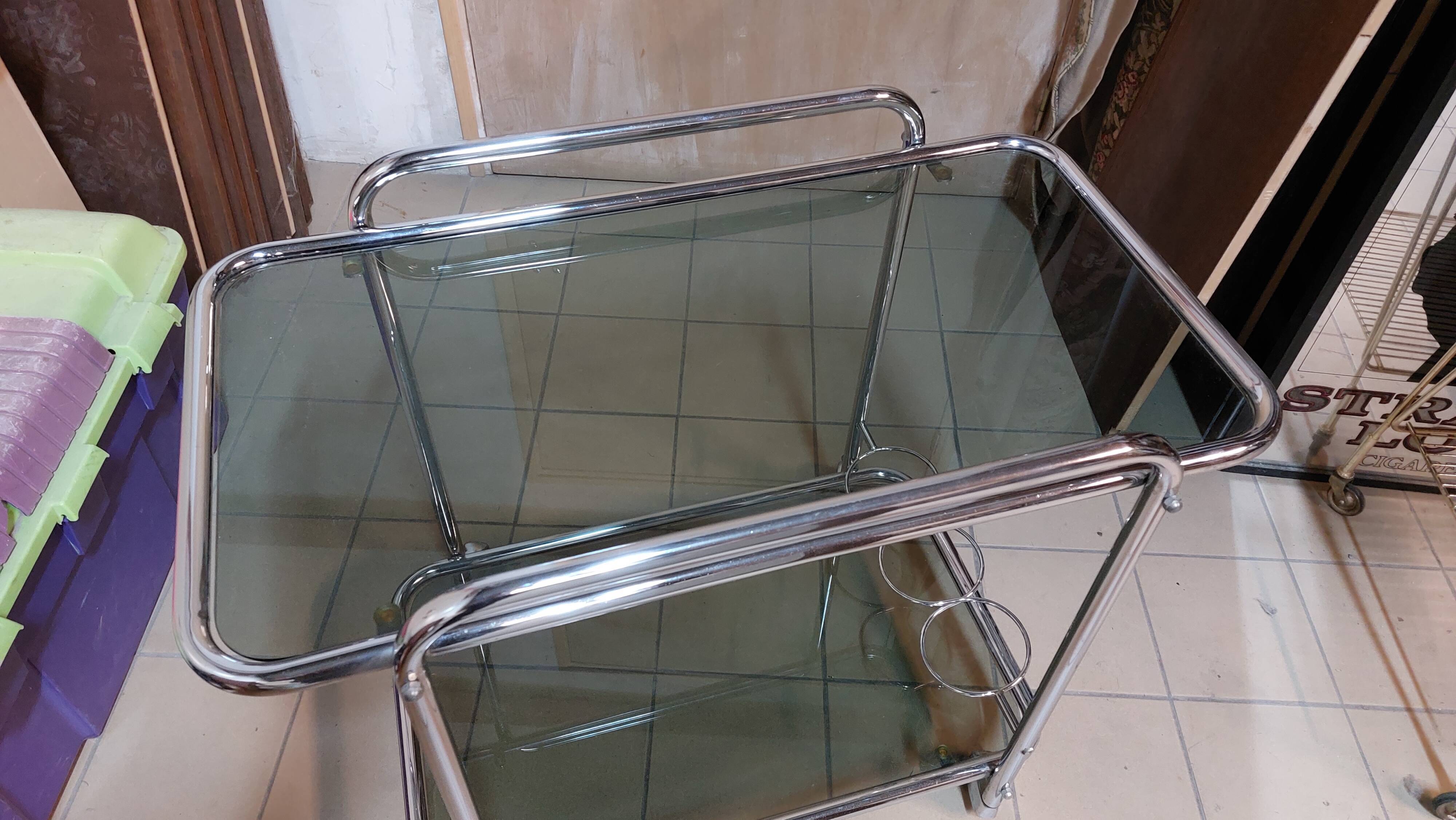 Dessert bar with chromed metal and smoked glass wheels, 70s