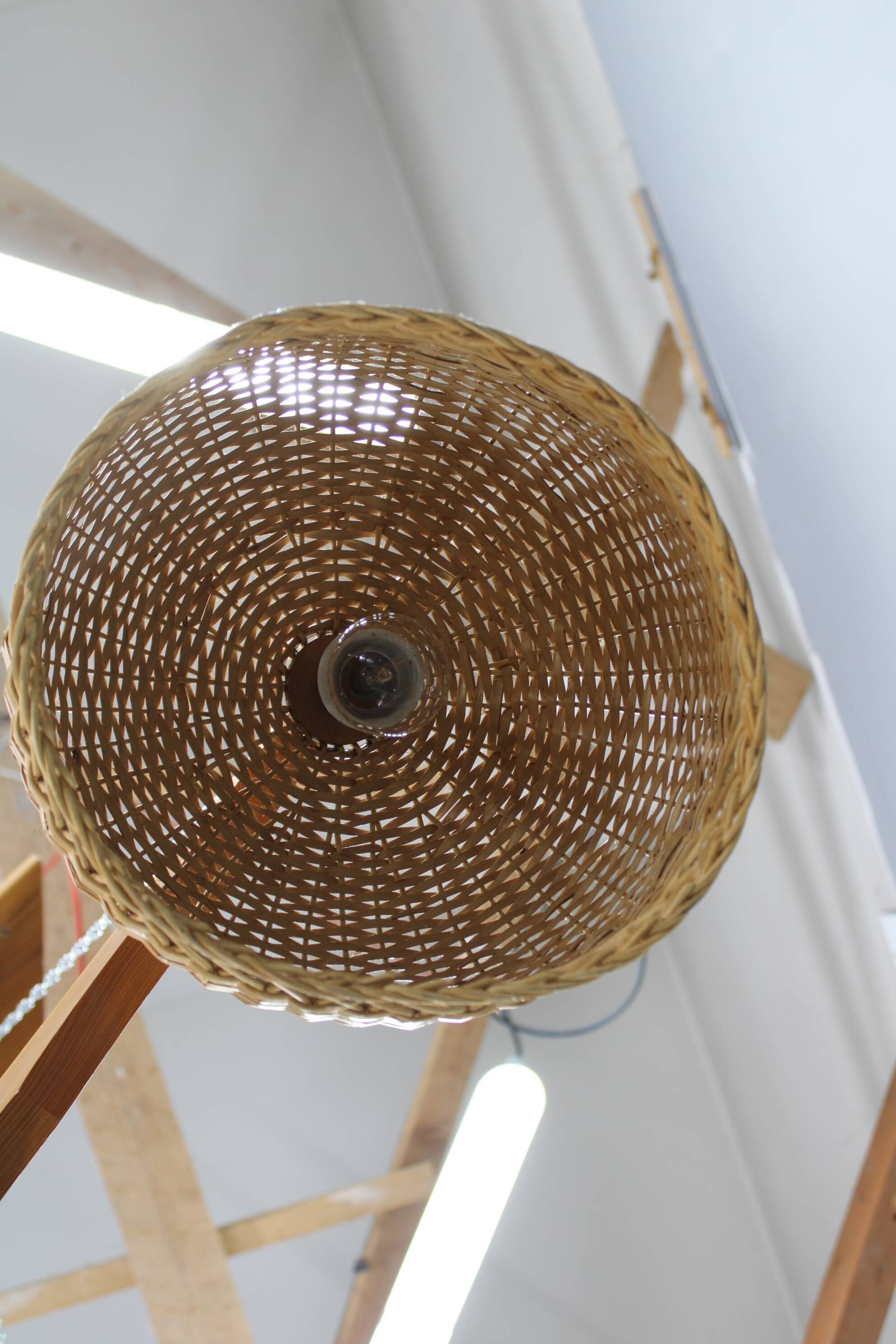 1970s Czechoslovakian rattan & pine pendant light, three-shade chandelier