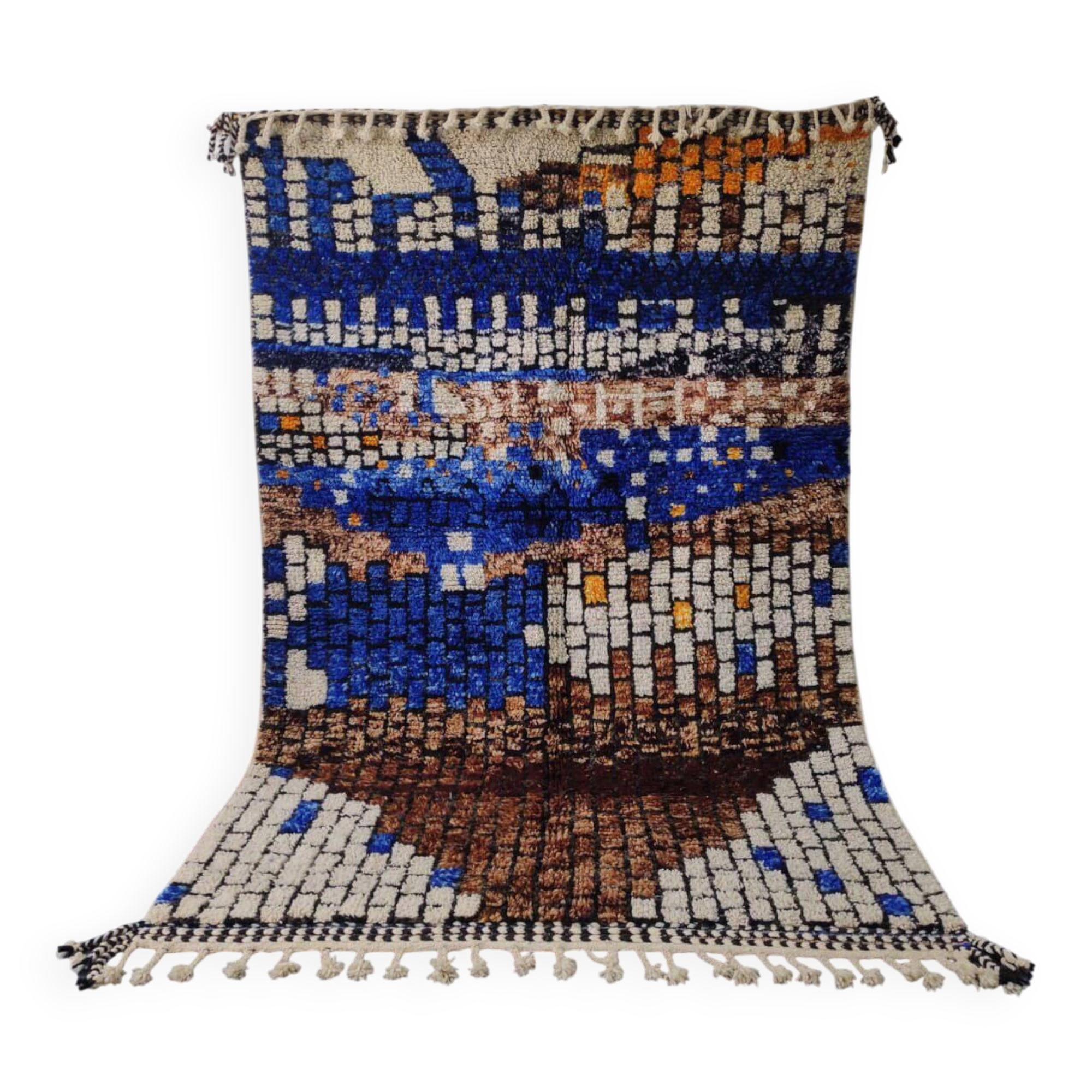 Beni Ouarain “Mosaic” Rug, Deep Blue and Earth, Artist's Piece 3x2M