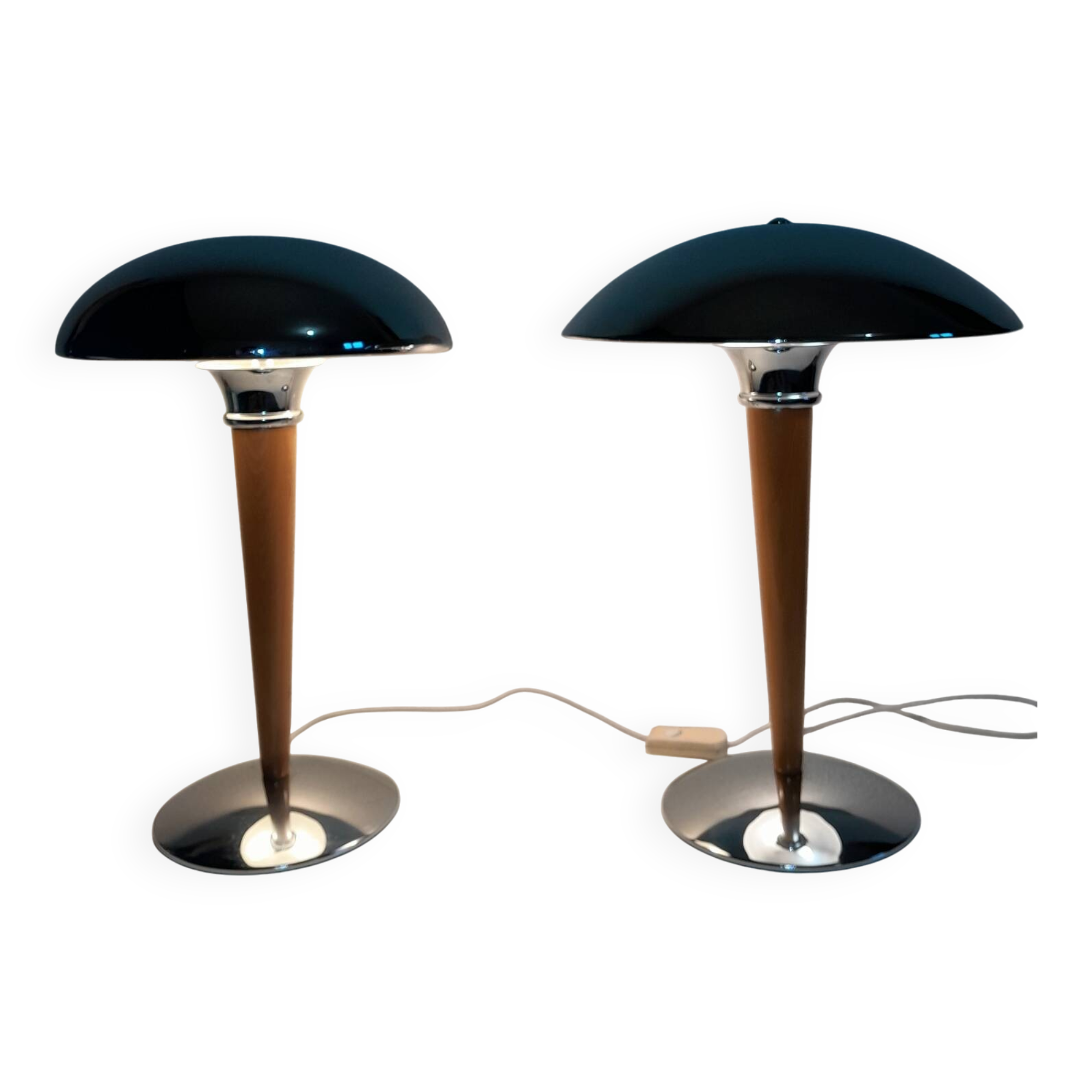 Pair of vintage 1980s wood and chrome ocean liner lamps