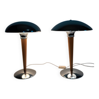 Paire de lampes paquebot bois et chrome vintage 1980