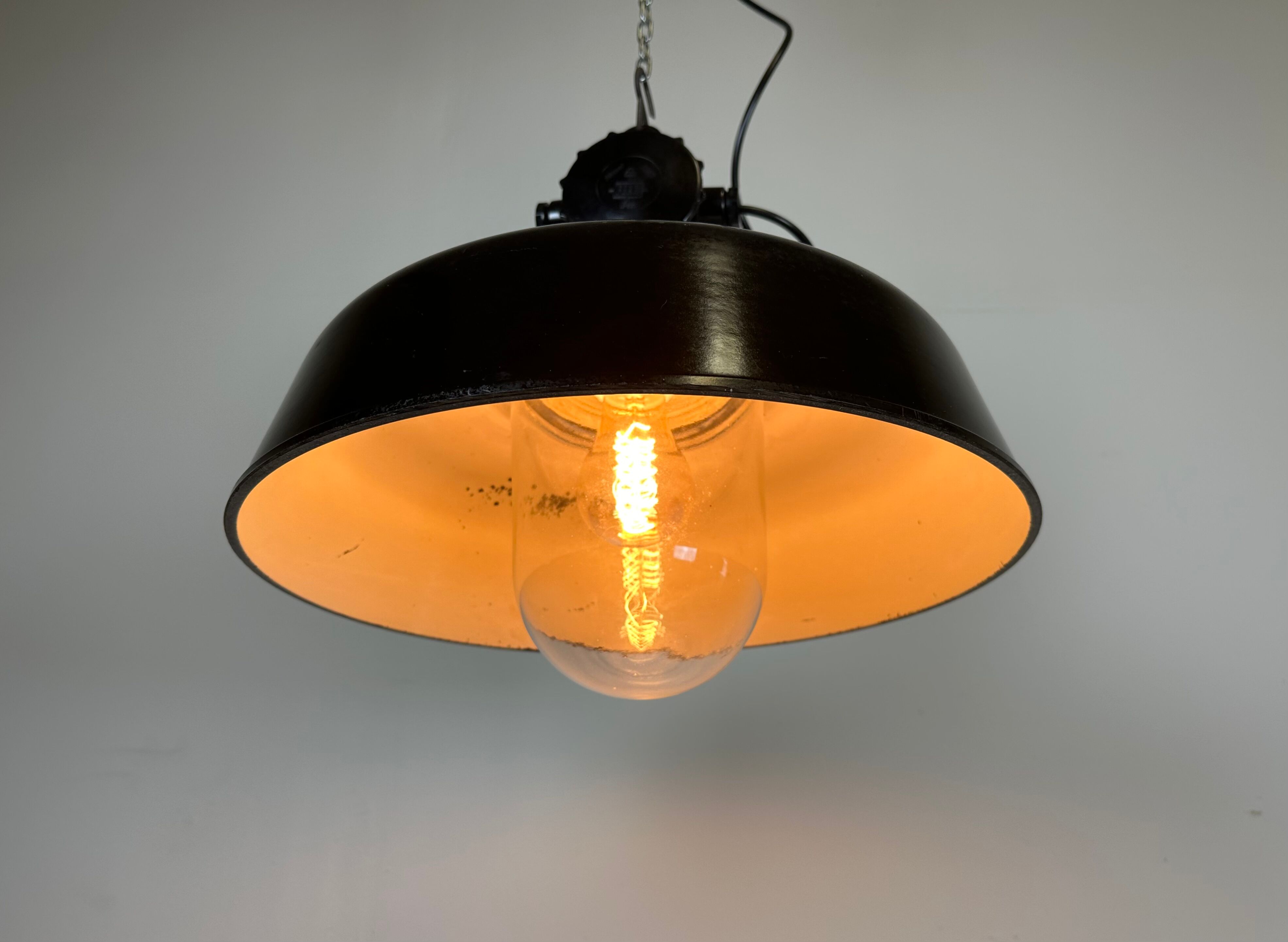 Industrial black enamel lamp with glass cover, 1950s