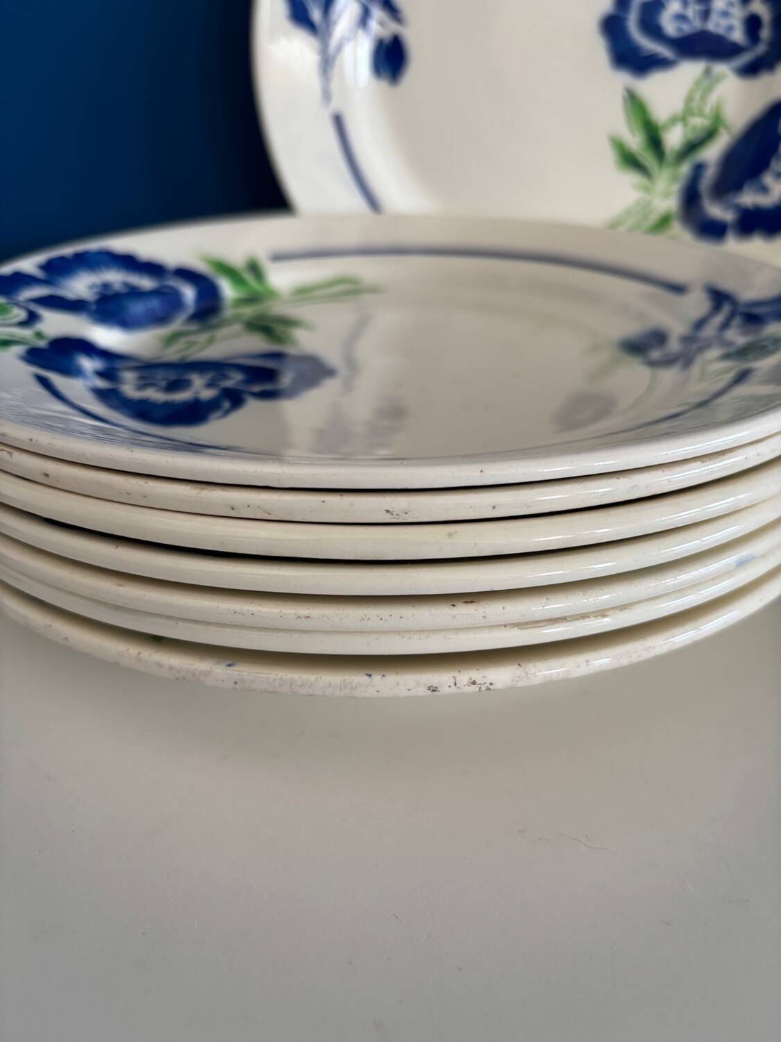 Set of 8 Badonviller France Earthenware Flat Plates, Boran Vintage Model