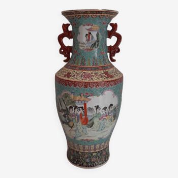 Large Chinese Porcelain Famille Rose Two Handled Vase, Qianlong Mark, 20th Century