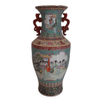 Large Chinese Porcelain Famille Rose Two Handled Vase, Qianlong Mark, 20th Century