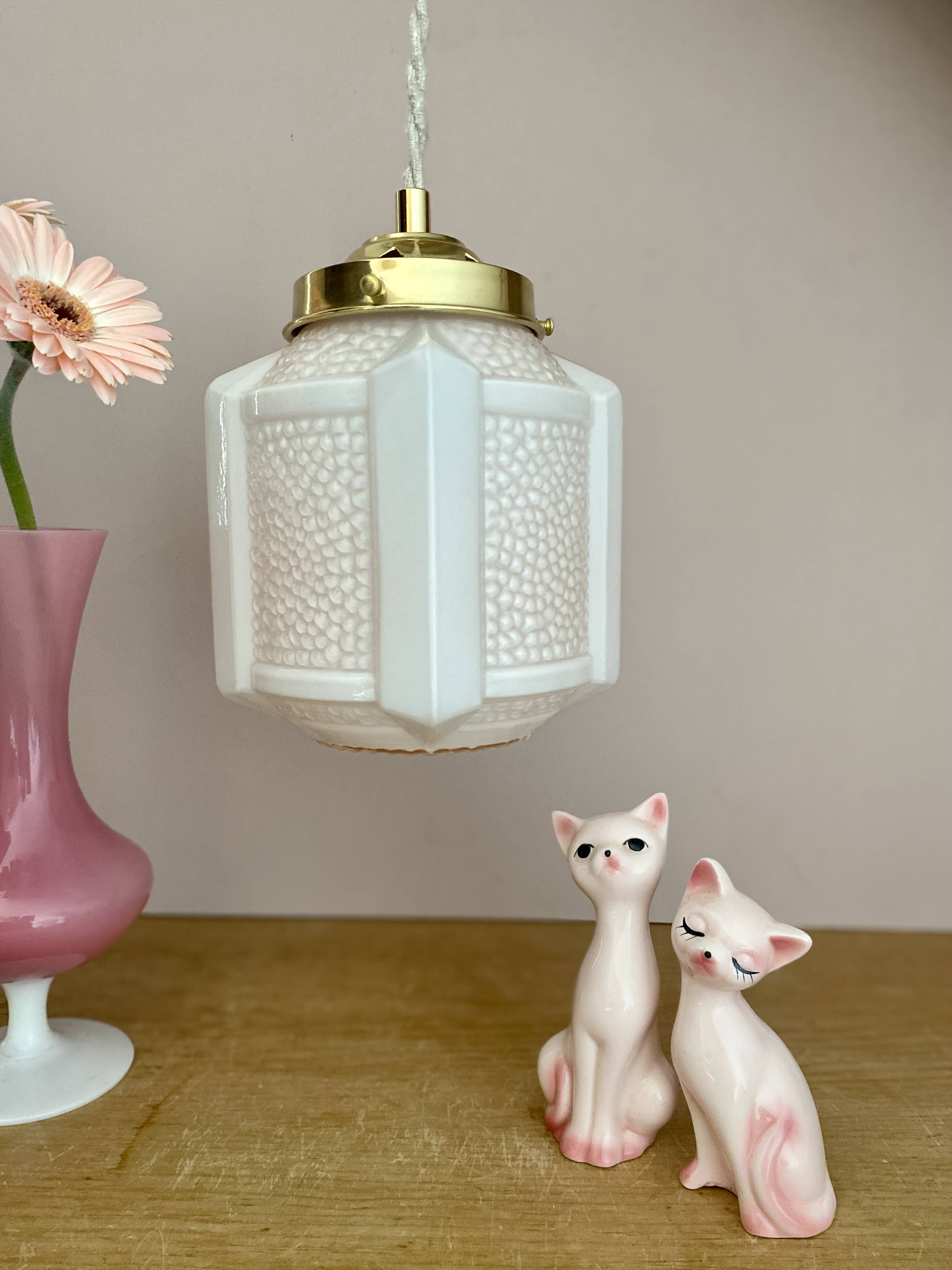 Vintage art deco globe pendant light in pale pink opaline.
