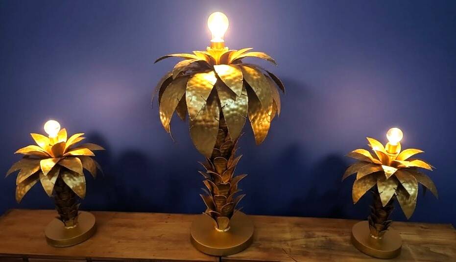 Hollywood Regency Palm Tree Lamp Trio – Hammered Gold Metal