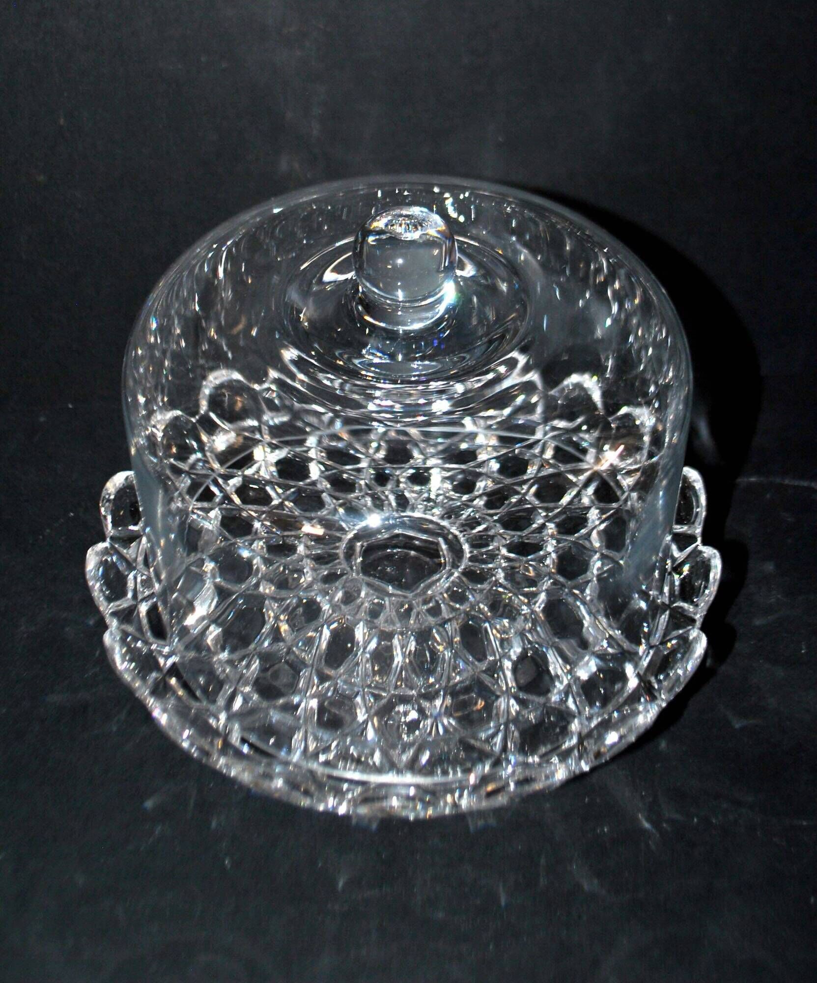 Antique cheese dome on a diamond moulded crystal stand, 1920, marked registered.