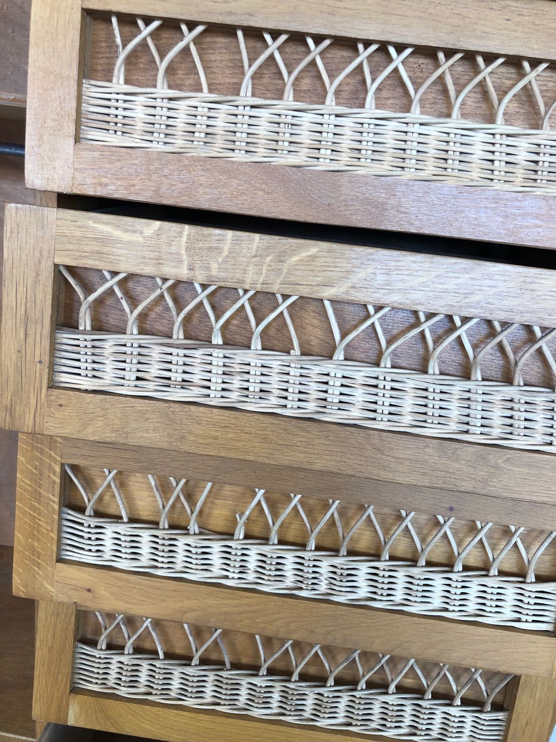 Wardrobe cabinet and drawers in oak and rattan feet compass Vintage year 60