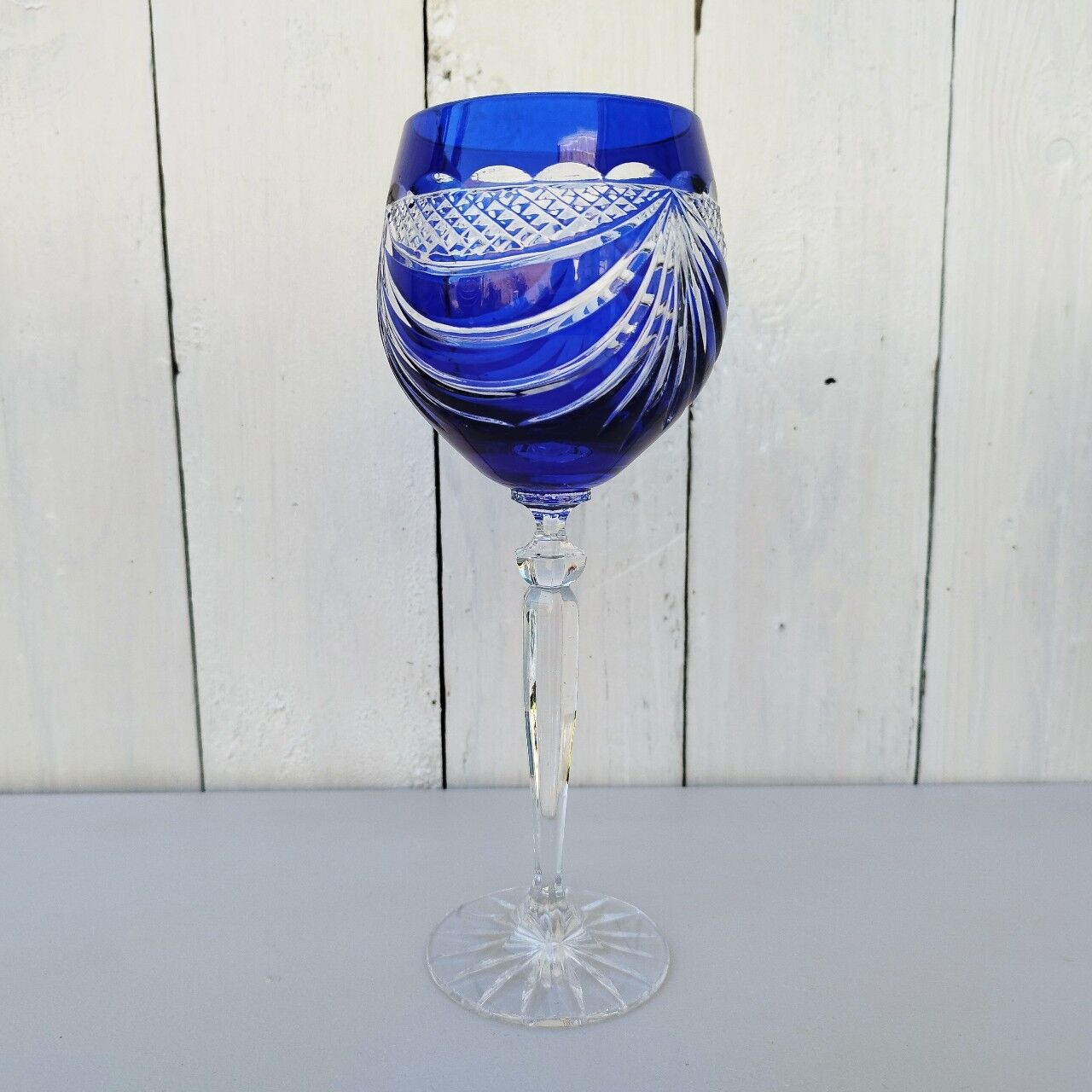 Six vintage coloured cut crystal wine glasses