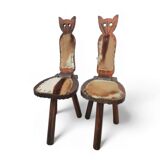 Chaises tripodes brutalistes en cuir de vache pour chat / étiquetées fabriquées en Espagne, dossier pliable, années 1960