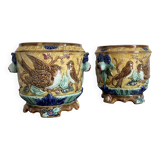 Pair of Art Nouveau Cache-Pots in Barbotine - Bird & Ribbon Decor - Fon