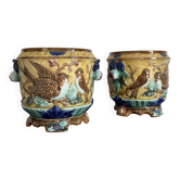 Pair of Art Nouveau Cache-Pots in Barbotine - Bird & Ribbon Decor - Fon
