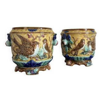 Pair of Art Nouveau Cache-Pots in Barbotine - Bird & Ribbon Decor - Fon