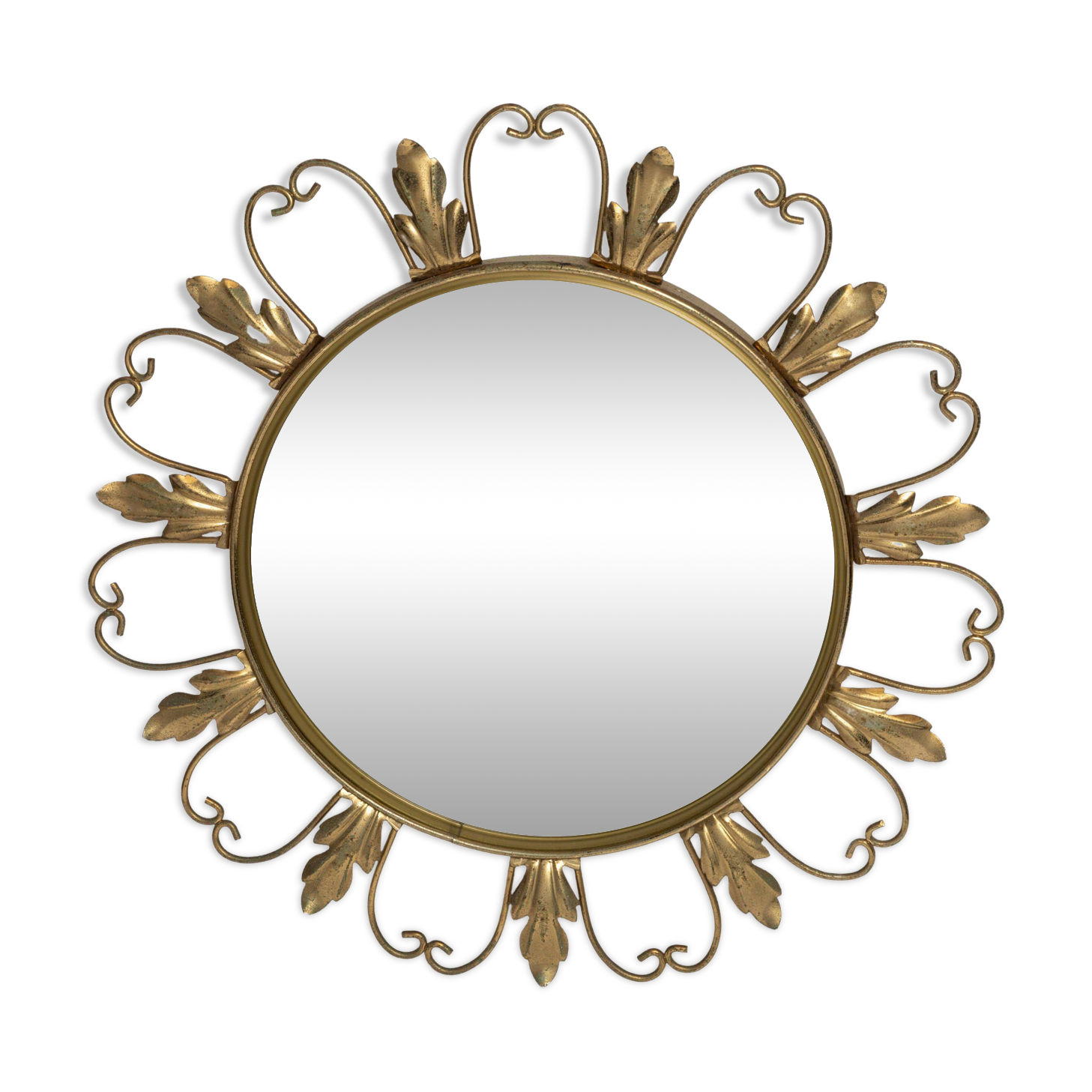 Miroir soleil doré milieu de siècle, métal et bois, Belgique, 1960