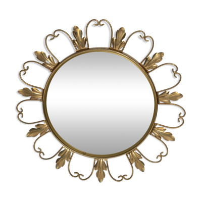Miroir soleil doré milieu de siècle, métal et bois, Belgique, 1960