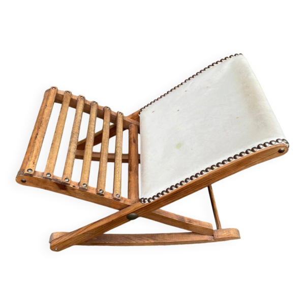 Repose pied pliable à bascule en bois et cuir blanc