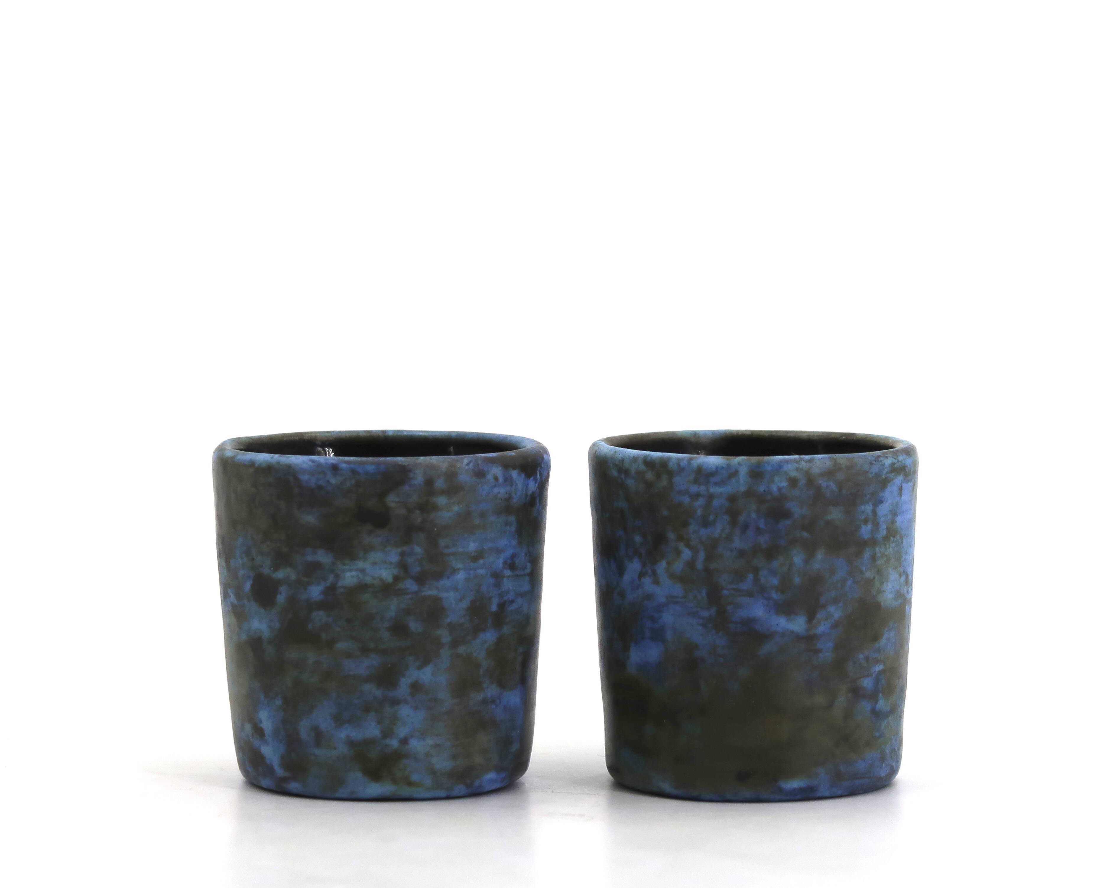 Two blue ceramic liqueur glasses by Jacques Blin, 1950s.