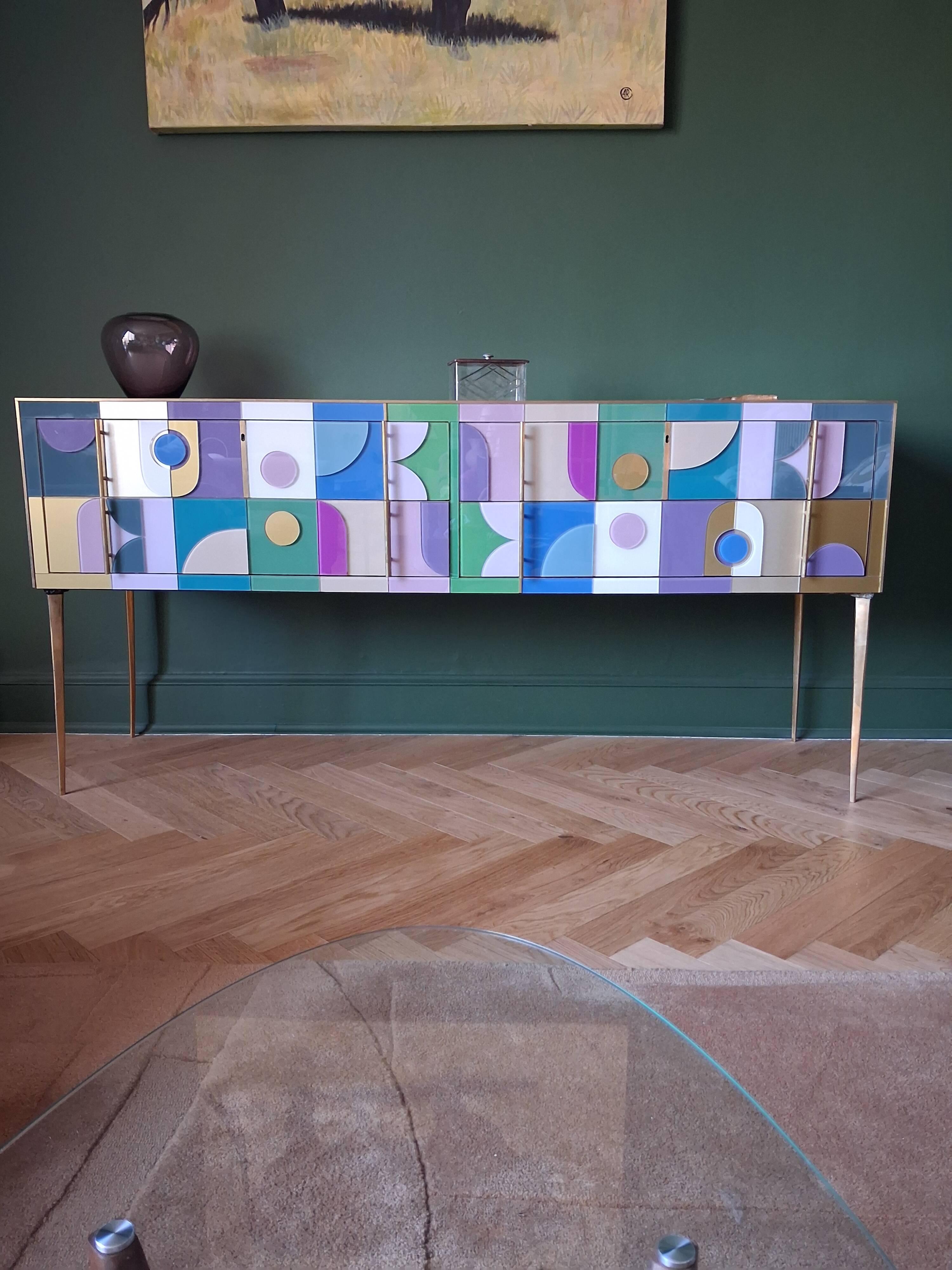 Coloured Murano glass and brass sideboard - 4 drawers