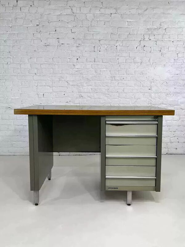 Bureau industriel des années 50 en métal et Bois Remington Rand Fran
