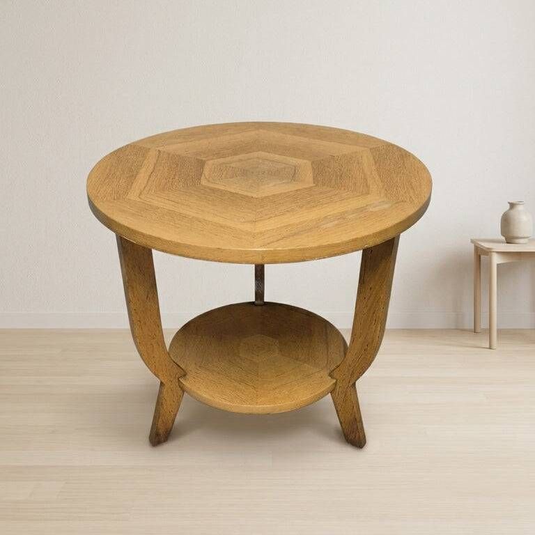 Vintage round wooden coffee table with lower shelf, 20th century