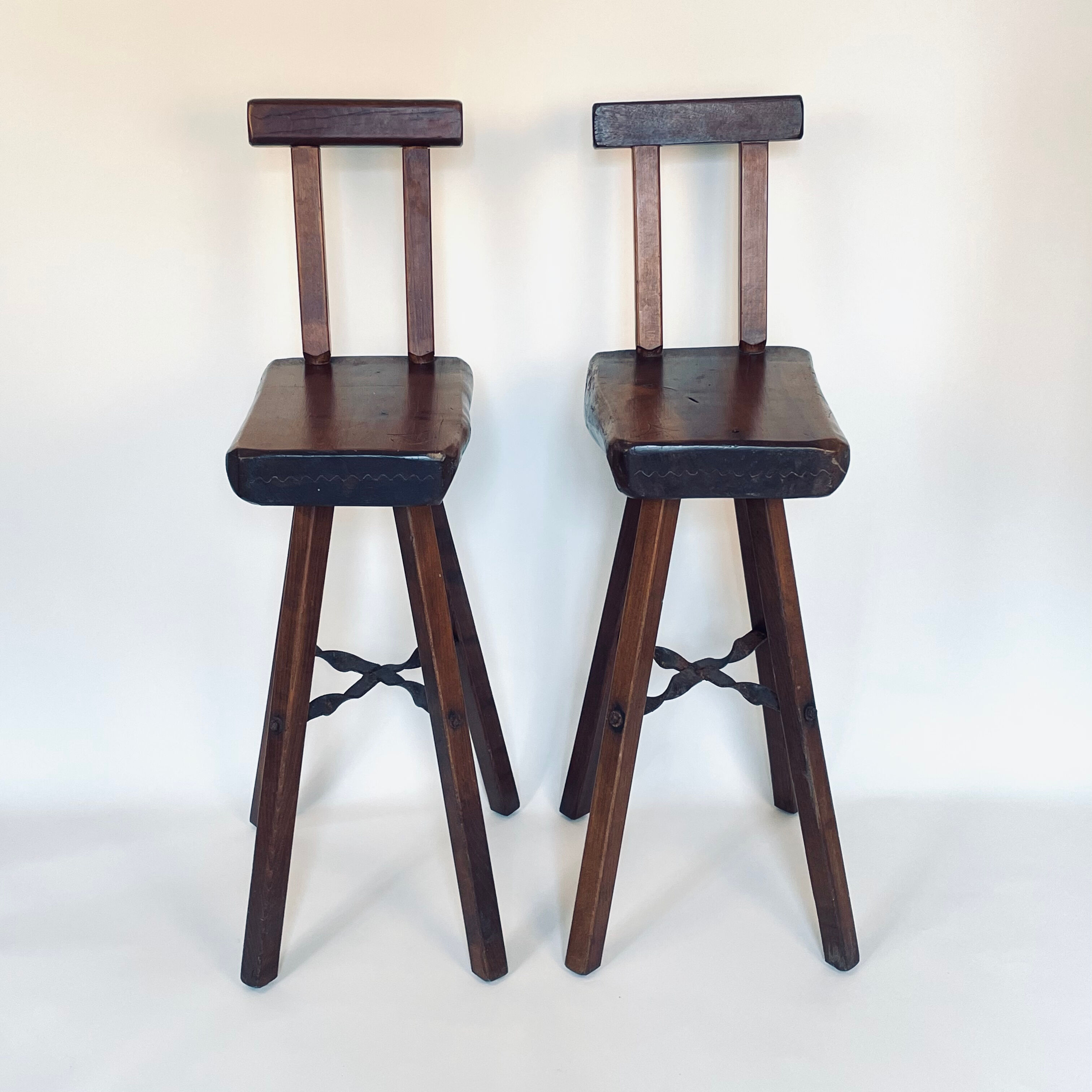Pair of brutalist bar stools published by Mobichalet, 1950