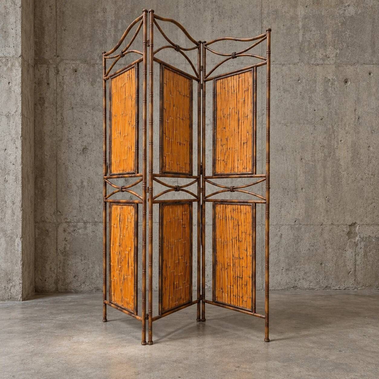 Paravent en métal imitation bambou avec panneaux en bambou / années 1980