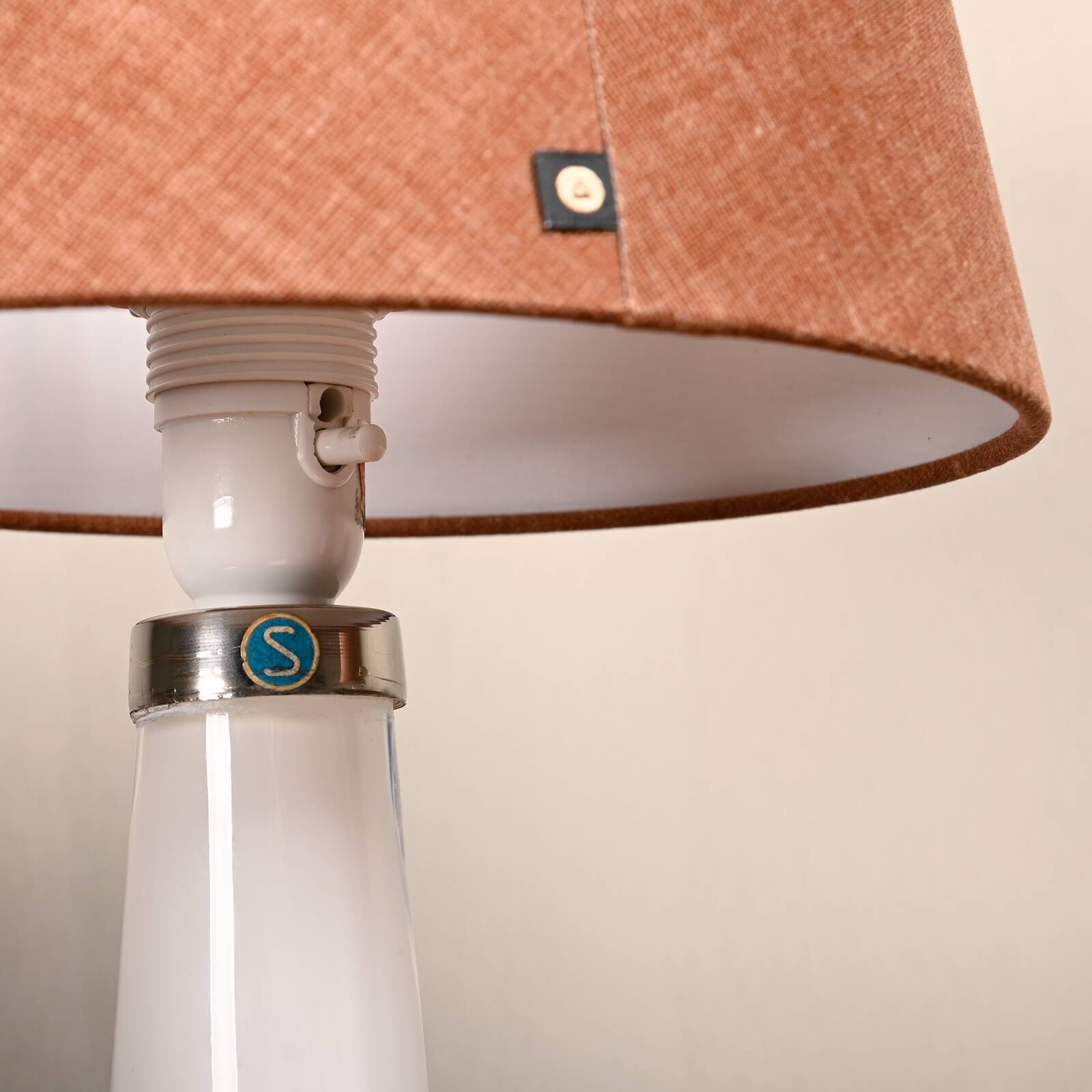 Carl Fagerlund white glass table lamps and dark ochre shades for Orrefors Sweden