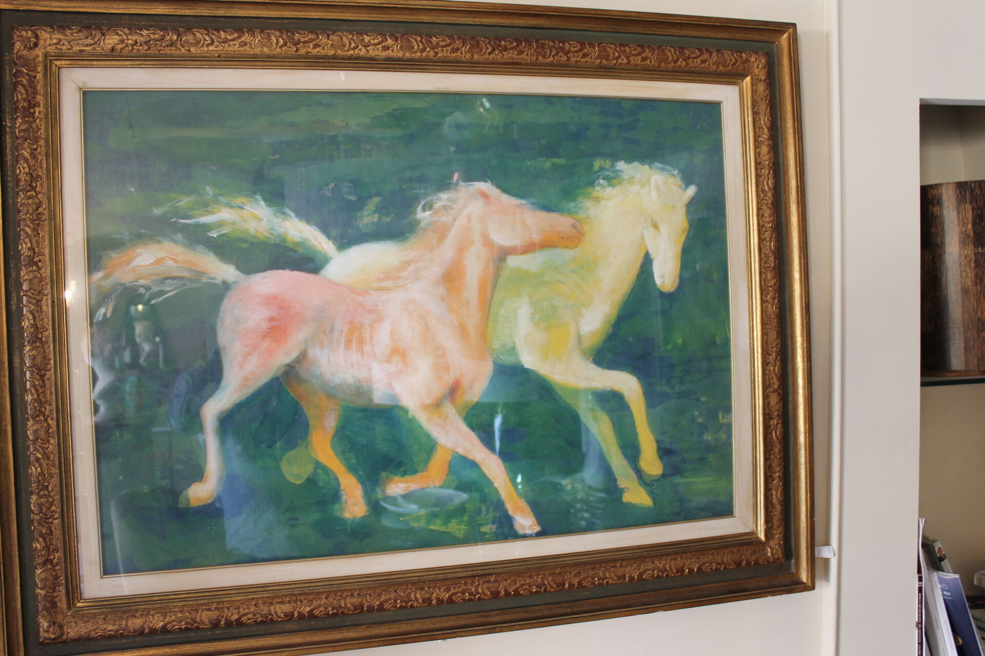 Framed painting representing horses, signed, XX th