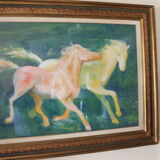 Framed painting representing horses, signed, XX th