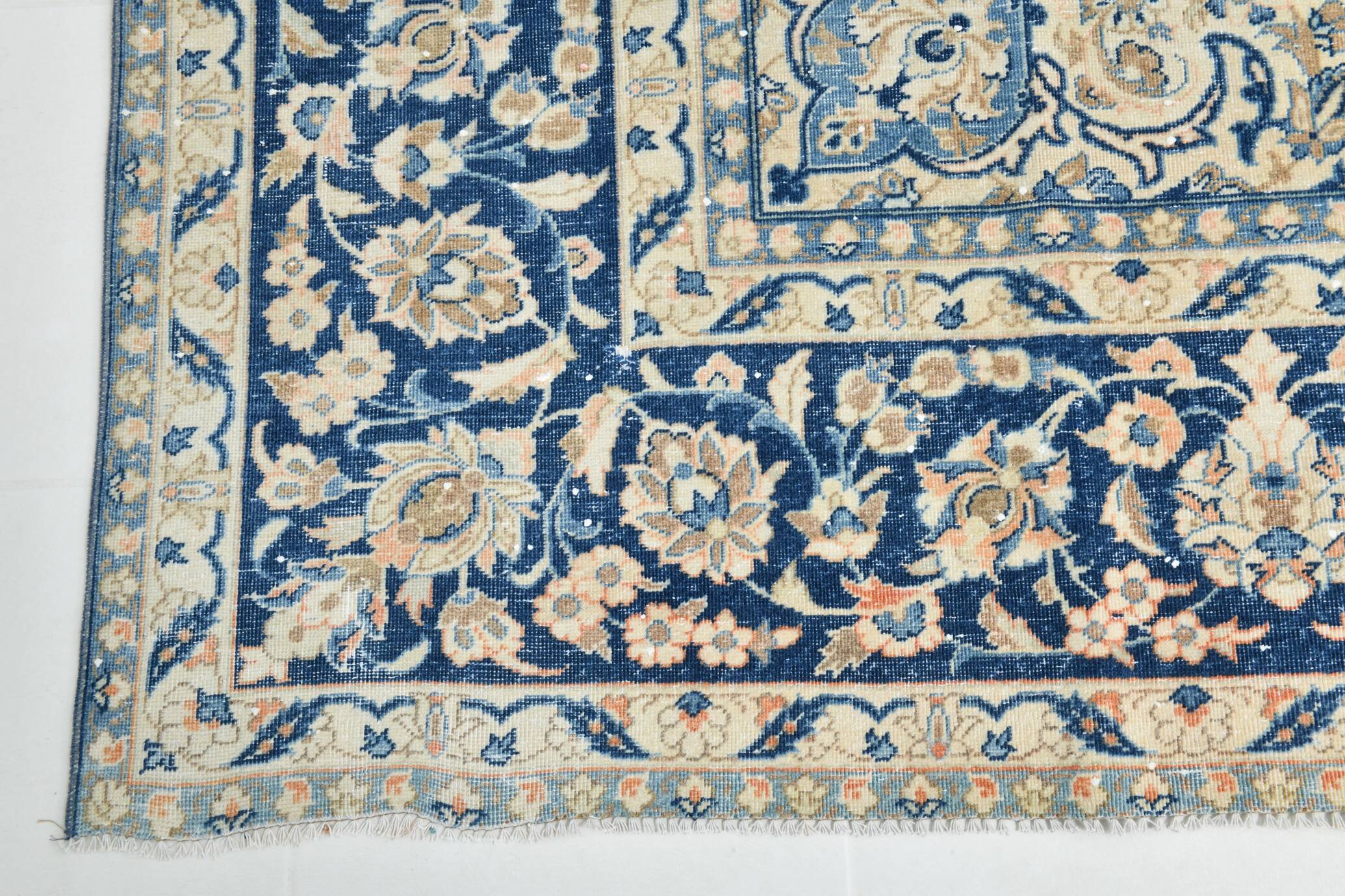 Tapis Persan Vintage Tissé Main, Motif Floral, Laine Beige & Bleu,301x414Cm