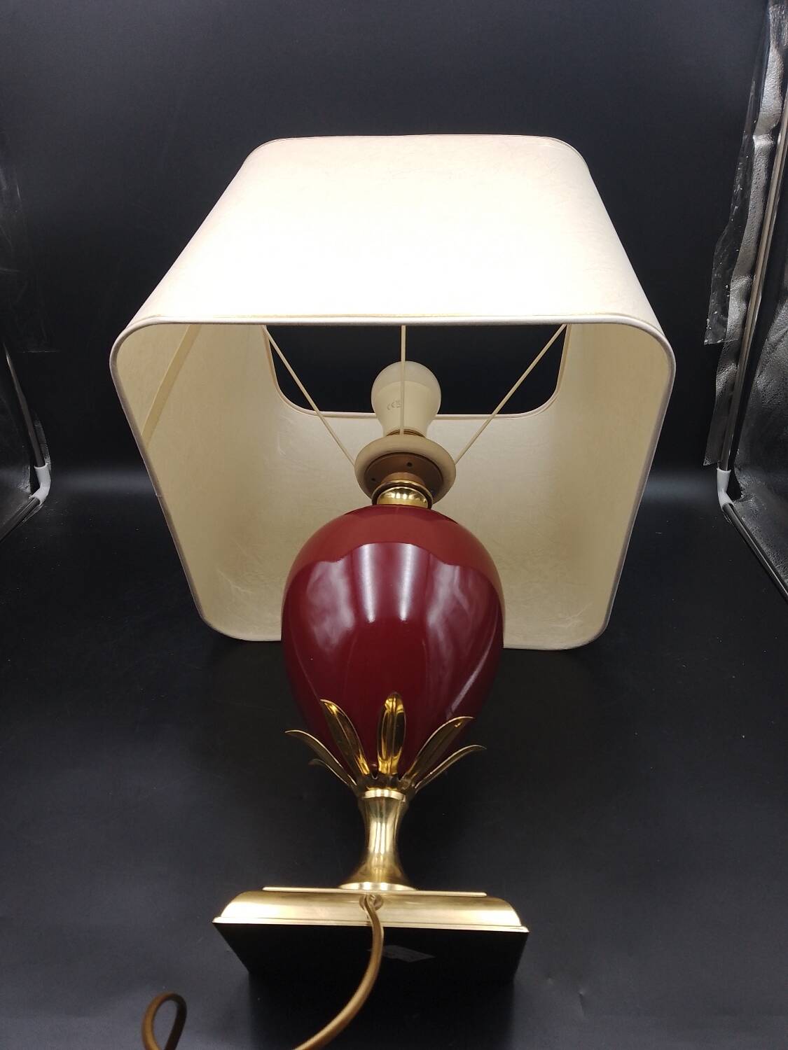 Beautiful Bordeaux Porcelain and Brass Lamp Le Dauphin Model Ançay Annanas