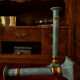 Exceptional pair of large candlesticks in patinated greenish-blue brass.