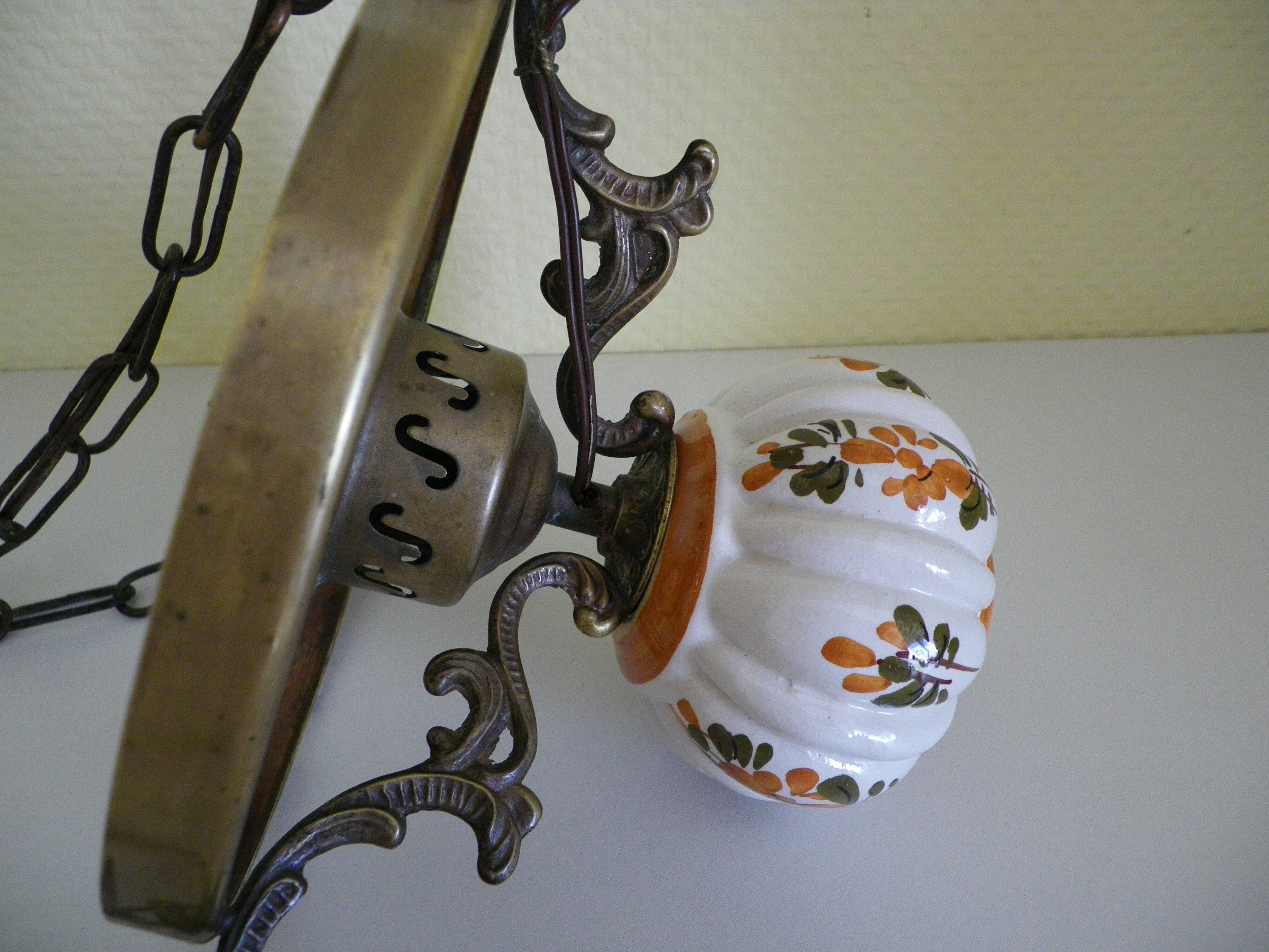Hanging lamp of the 1950s, white opaline shade and porcelain decoration