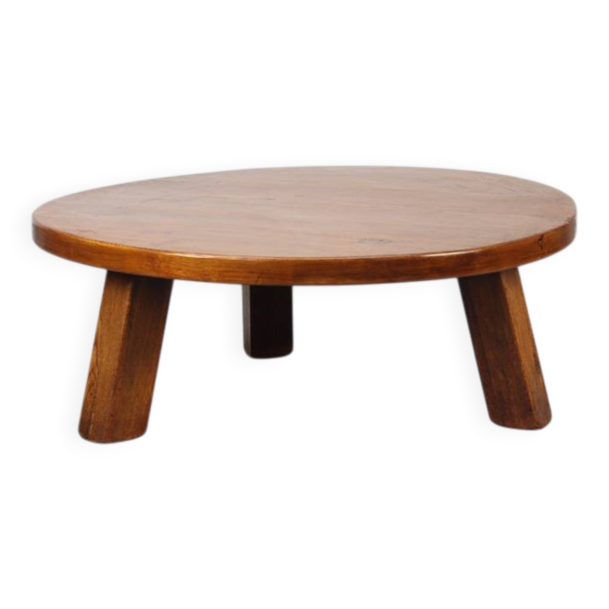 Large vintage round coffee table in raw oak brutalism.