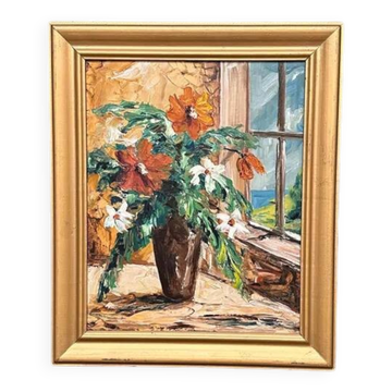 Original Swedish Oil on Hardboard – “Flower Painting” by Magnus Tull – Signed – Vintage & Framed – 50 × 42 cm (19.7" × 16.5")