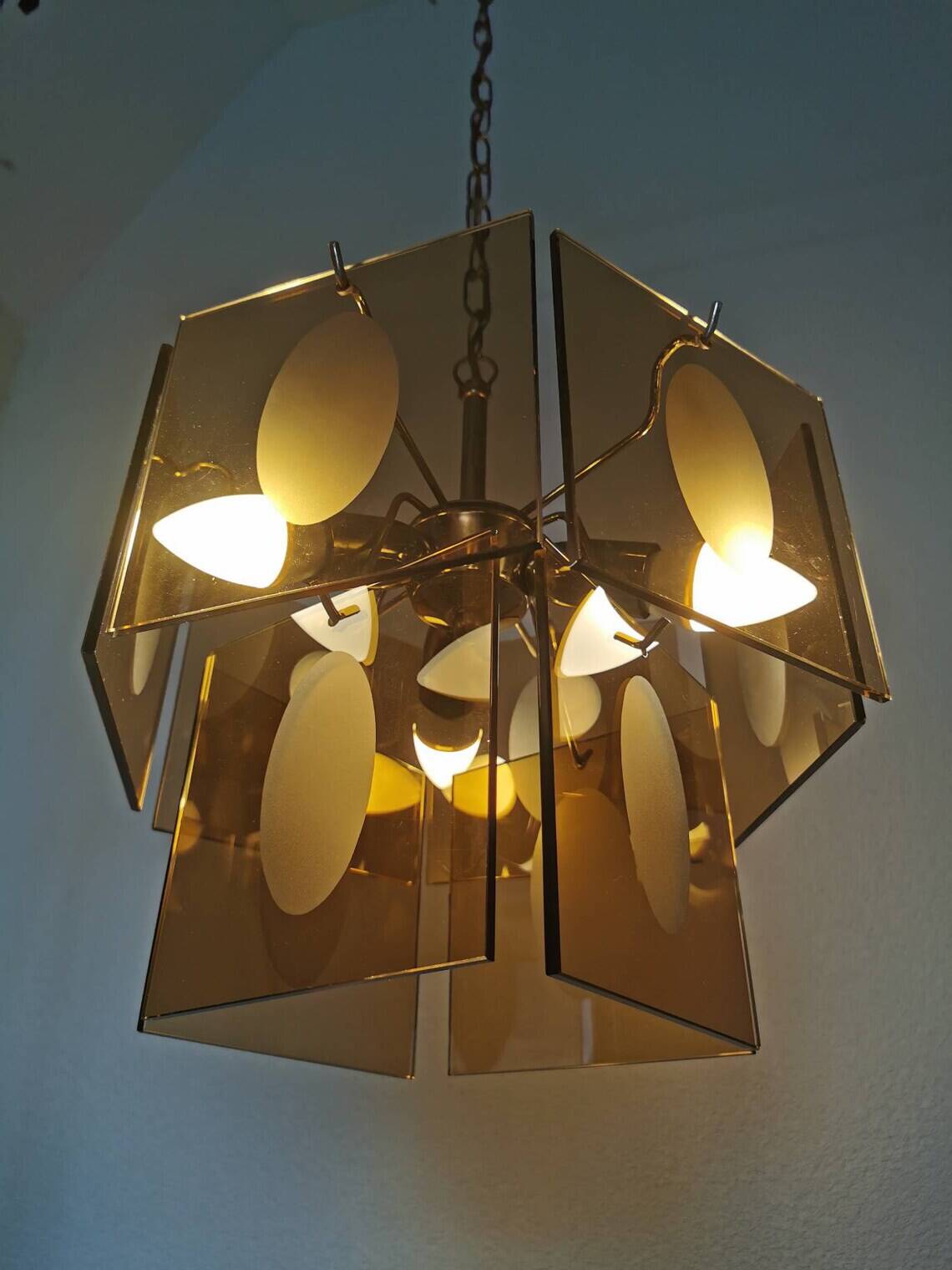 Mid Century Vistosi Smoked Glass Chandelier - Italian Pendant Light