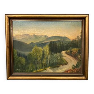 Huile sur toile par A. Biron Pyrénées route du col d'Aspin XXe