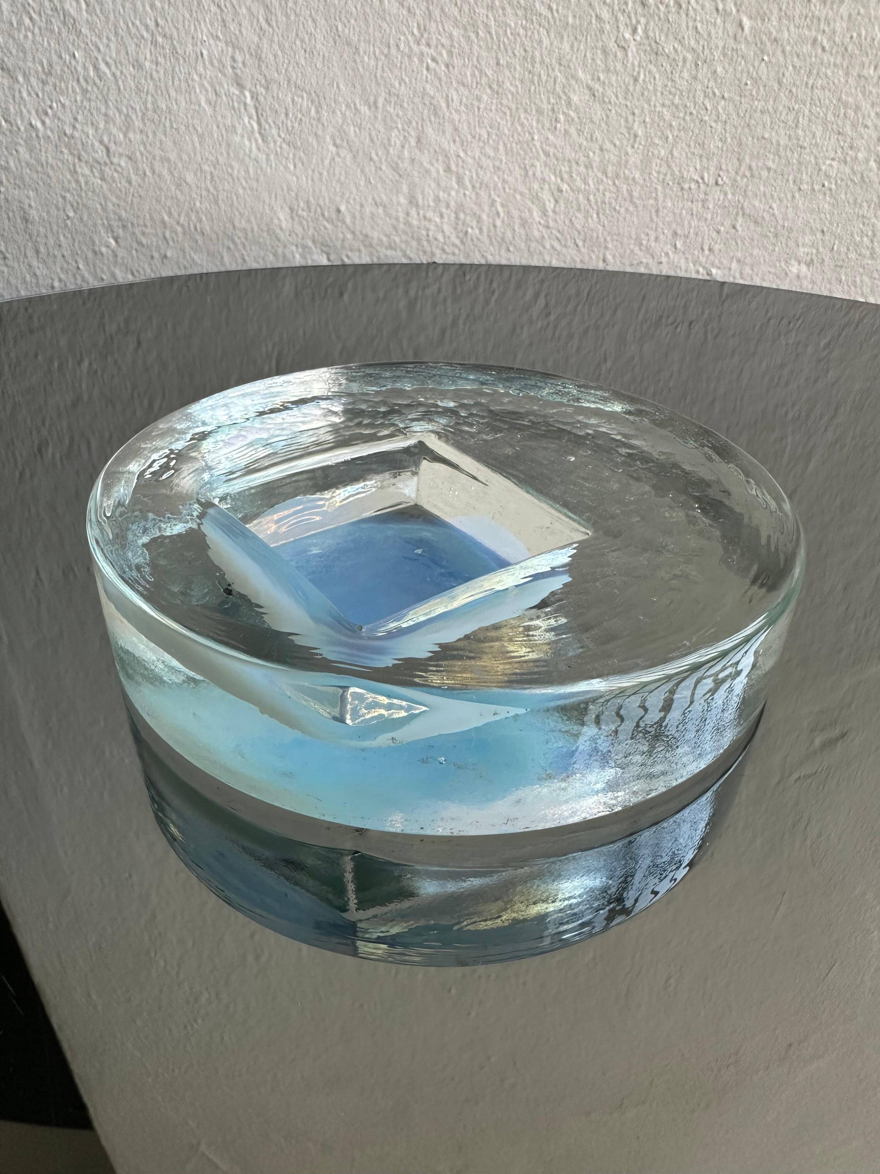 Vintage Mid-Century Murano Glass Ashtray in Frosted Glass with Blue Accents