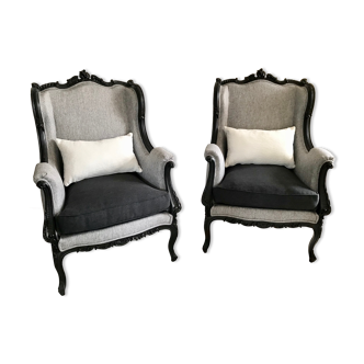 2 fauteuils bergères à oreilles anciennes XIXème entièrement restaurés